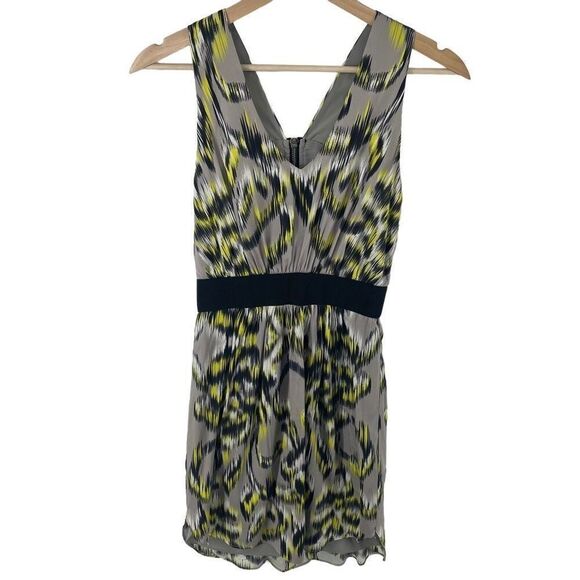 Milly of New York silk V-neck Ikat Print Mini Dress Size 0 gray yellow black - Picture 1 of 10
